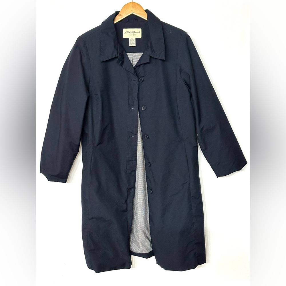 Eddie‎ Bauer Women’s Navy Blue with Gingham lining Trench Coat 1X
